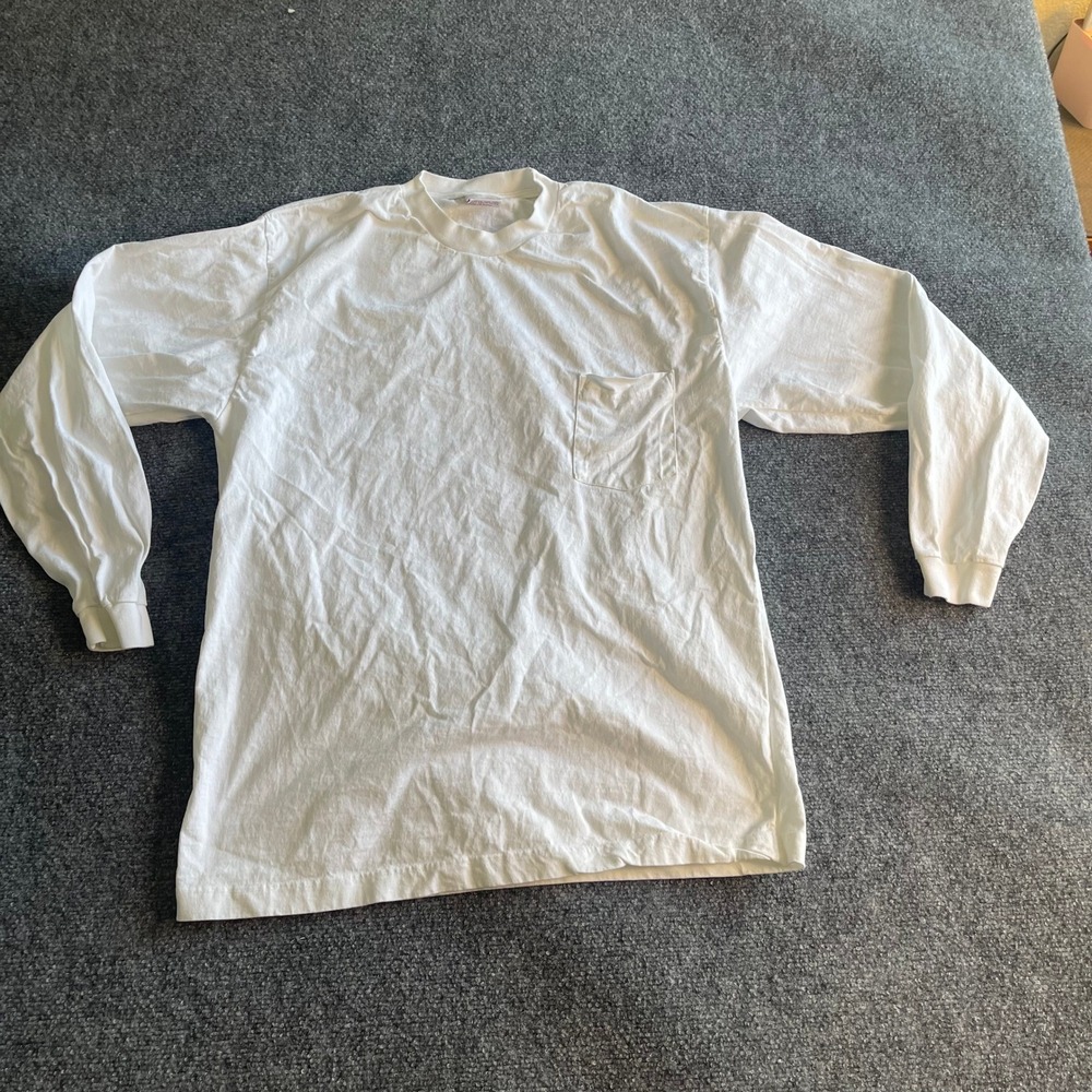 Windridge Mens Large White Long Sleeve‎ Pocket T-Shirt 100% Cotton Turkey Made